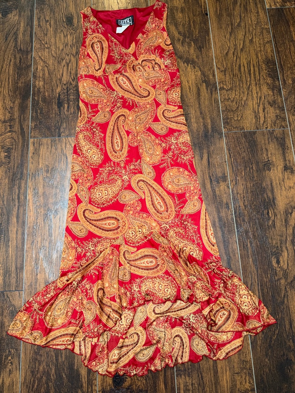 City Triangles Red and Gold Paisley Asymmetrical Maxi Dress - Picture 2 of 7